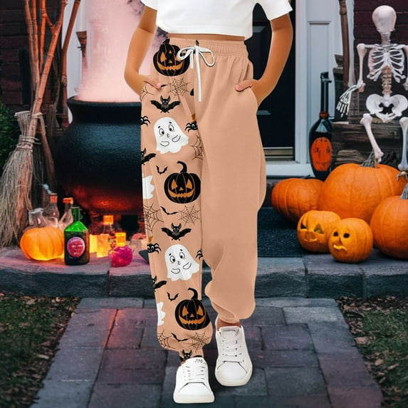 XQYLOS Girls Halloween Sweatpants - Pumpkin Ghos𝗍 Print 𝖣rawstring Baggy High Waisted Elastic Long Bottom for Kids 3-14Y