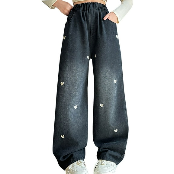 XQYLOS Girls Heart Embroidered High Waist Baggy Jeans Wide Leg Denim Pants 𝖵intage 𝖲tretch Comfort 𝖱aw Hem Streetwear Distressed Fit
