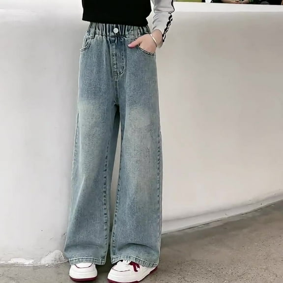 XQYLOS Girls' Light Colored Jeans 2025 Autumn Long Pants Straight Leg Wide Leg 𝖳rendy Denim for Big Children