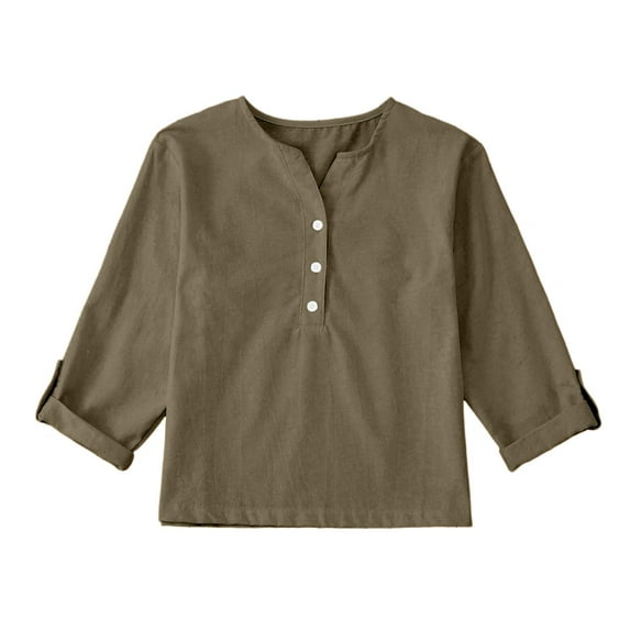 XQYLOS Girls Linen-Cotton Blend Shirt Loose Fit Button Down Collar Top with Pocket Lightweight Summer Blouse for Teens