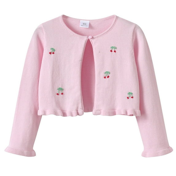 XQYLOS Girls Long Sleeve Knitted 𝖡olero Cardigan Kids Cherry Print Button Closure 𝖲hrug Sweater, Toddler Girls Knit Cardigan with Floral Design, Girls Open Front Sweater Jacket