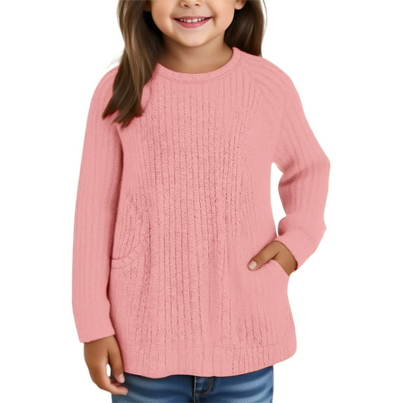 XQYLOS Girls Long Sleeve Shirt Casual Crewneck Blouse Solid Color Loose Fit Tunic Top Fall Knit Kids Clothing Cozy Layering Essential