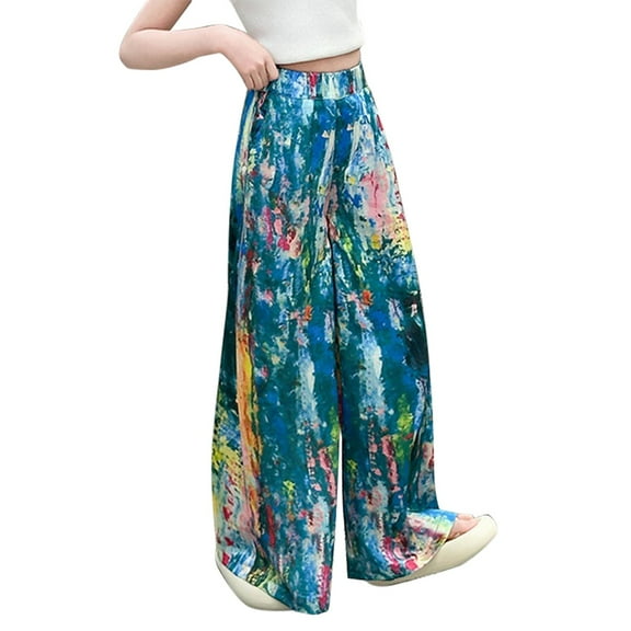XQYLOS Girls Rainbow Ice Print Wide Leg Pants Lightweight Loose Fit Summer Casual Thin Breathable Quick-Dry for Medium Large Kids Comfort