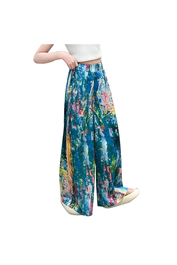 Girls Rainbow Ice Print Wide Leg Pants Lightweight Loose Fit Summer Casual Thin Breathable Quick-Dry for Medium Large Kids Comfort