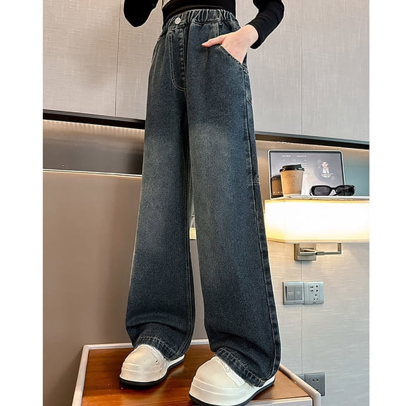 XQYLOS Girls Retro Wide Leg Button Detail Denim Jeans, Elastic Waist Prepy Casual Jeans with Pockets for Kids & Teens Street Fashion