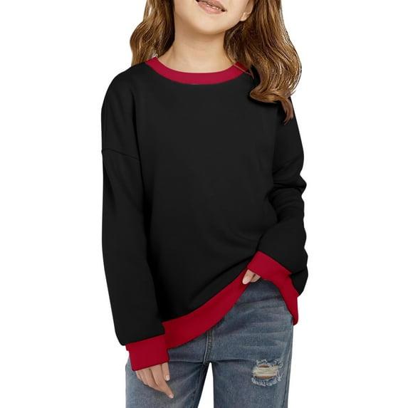 XQYLOS Girls Round Neck Sweatshirt Long Sleeve Pullover Personality Contrast Color Matching Casual Loun𝑔ewear Soft Cotton Blend Jacket for Spring Autumn Winter Cozy Daily Outfits