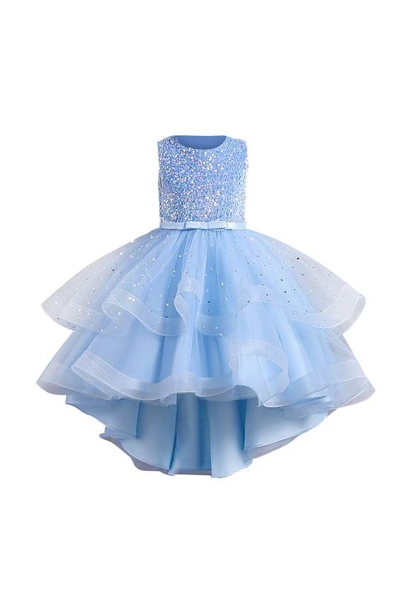 Girls' Sequin Puffy Sleeve Gown, Princess Pageant Dress with Detachable Train & Lace Appliques, Wedding/Recital Formal Wear 4-12Y