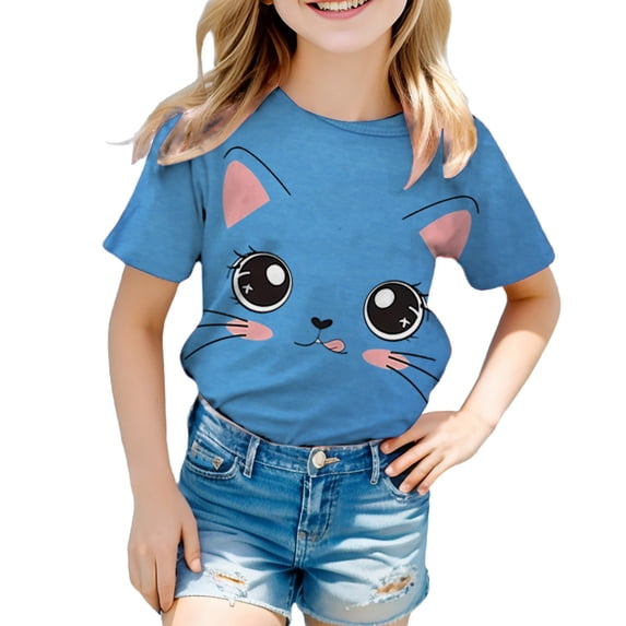 XQYLOS Girls Short Sleeve Shirt Toddler Girls Cat Printed Short Sleeve T Shirt Cute Graphic Summer Tops Tees Crewneck Cotton Casual Clothes Outfits