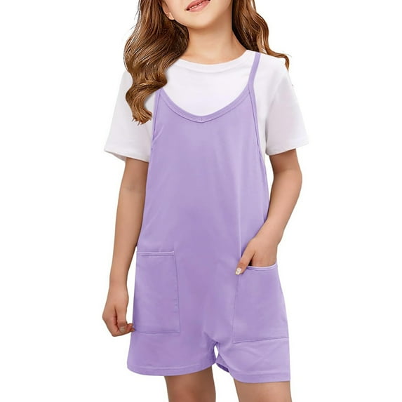 XQYLOS Girls Spaghetti Strap Jumpsuit 3-Season Romper Sleeveless Shorts with Side Pockets Spring Summer Fall Casual Outfit Lightweight Cotton Playwear for Kids Outdoor Activities