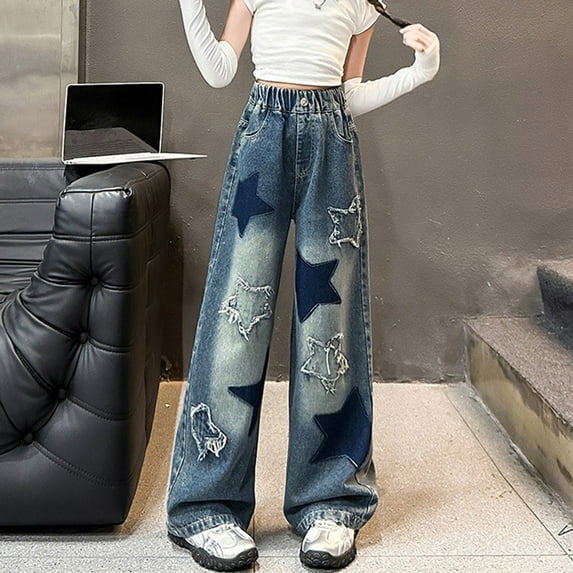 XQYLOS Girls Star Applique Jeans with Pockets Elastic Band Straight Leg 𝖵intage 𝖸𝟤𝗄 Streetwear Aesthetic Teen Clothes, Retro Denim Pants Fashion Comfort 𝖲tretch