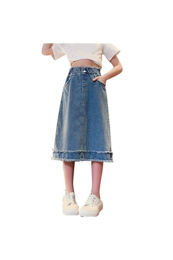 Girls' Stretch Denim Skirt, Mid-Length A-Line Skirt for All Seasons, Comfortable Casual Skirt with Side Slits
