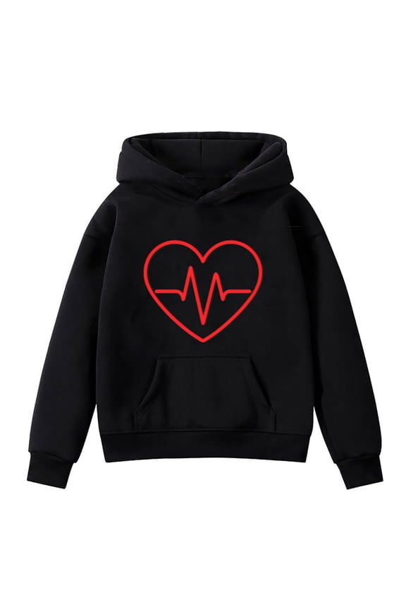 Girls' Trendy Print Long Sleeve Hoodie Girl's Fall/Winter Valentine's Day EKG Printed Padded Hooded Throwback Pocket Sweatshirt Long Sleeve Hooded Sweatshirt For Girls