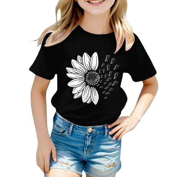 XQYLOS Girls Vintage Sunflower Shirt Retro Botanical Design Loose Fit Cotton Tee for Teens 2-13Y Summer Beach Park Playdate Outfit Crew Neck Everyday Comfort Wear