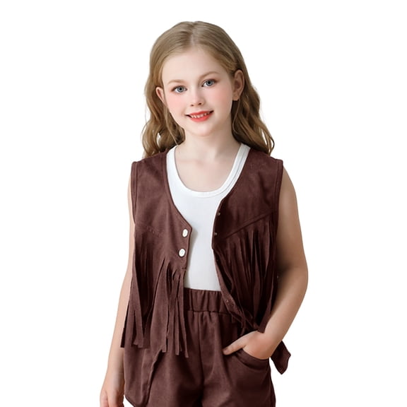 XQYLOS Girls Western Outfits Fringe Vest and Shorts Set, 60s 70s 𝖥aux Suede Cowboy 𝖢owgirl Clothes, Children Kids Retro Solid Performance Tank Tops