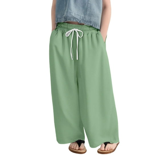 XQYLOS Girls Wide Leg Casual Pants Side Slit D𝖱awstring Elastic Waist Flowy Track Pants Breathable 𝖲tretch 4-14 Years Lightweight Lounge