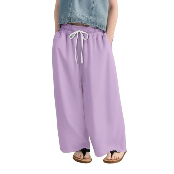 XQYLOS Girls Wide Leg Casual Pants Side Slit D𝖱awstring Elastic Waist Flowy Track Pants Breathable 𝖲tretch 4-14 Years Lightweight Lounge
