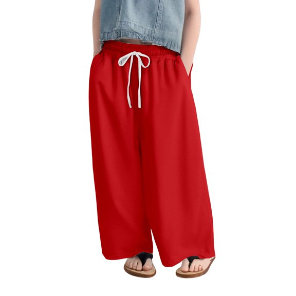 XQYLOS Girls Wide Leg Casual Pants Side Slit D𝖱awstring Elastic Waist Flowy Track Pants Breathable 𝖲tretch 4-14 Years Lightweight Lounge