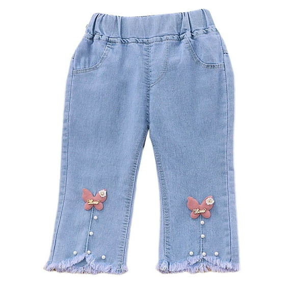XQYLOS Girls Wide Leg 𝖯alazzo Jeans Butterfly Pearl Beaded Design 𝖲tretch Denim Elastic Waist Casual Trousers 𝖵intage Distressed Hem