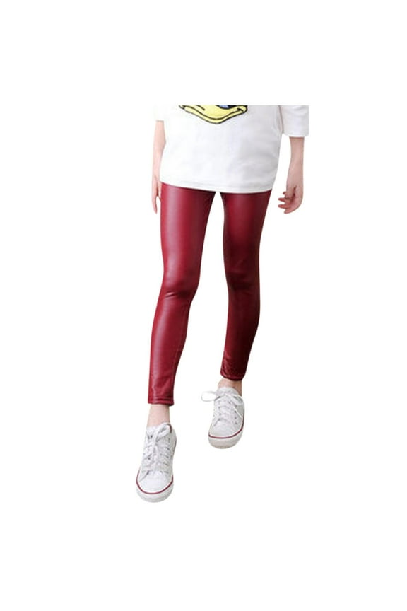 GirlsFađx Leather Leggings High Waist Stretchy Yoga Pants Lightweight Soft Summer Athletic Trousers with Elastic Waistband