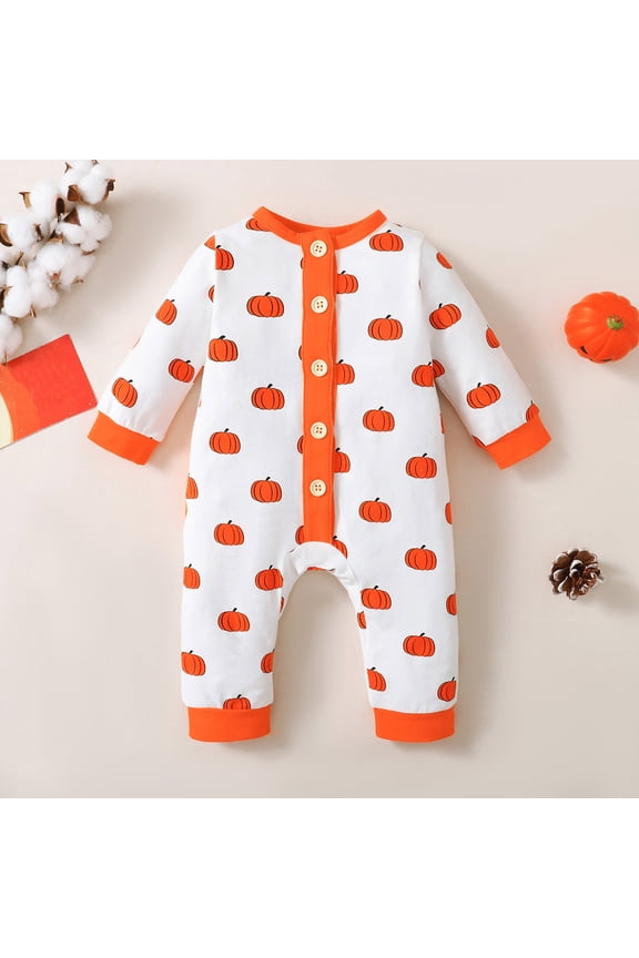 Halloween Baby Boys Girls Kids Patchwork Long Sleeve Cute Cartoon Pumpkin Romper Jumpsuit Outfit Jumpsuit for 𝖳rick or 𝖳reat P𝖺rty Holiday Festive Celebration