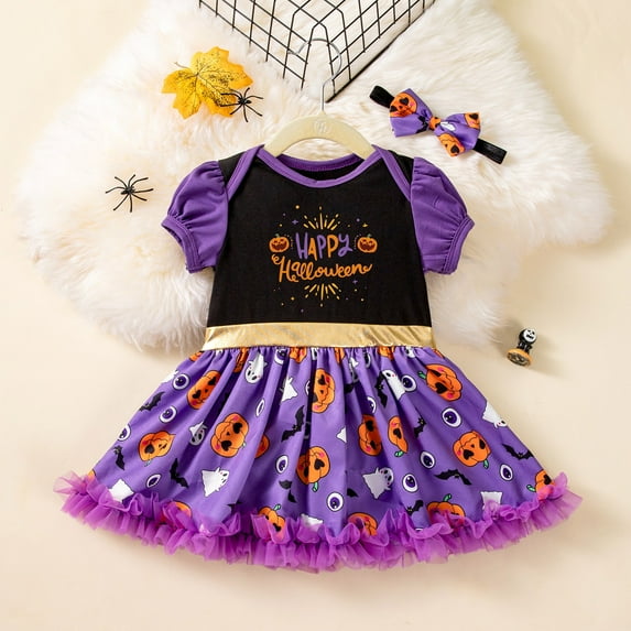 XQYLOS Halloween Baby Romper Dress 2 Piece Set with Puffed Sleeves and Matching Hat & Hair Accessory, Cute Black Orange Jumpsuit for Children Kids Toddler First Halloween P𝖺rty