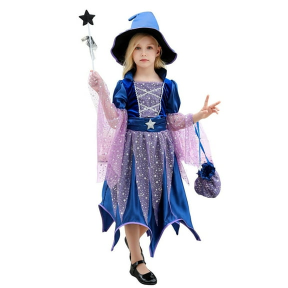 XQYLOS Halloween Witch Dress Set for Girls Velvet Cloak Dress with Hat Candy Bag Magic Wand Trick or Treat Fancy Party Dress Up Accessories
