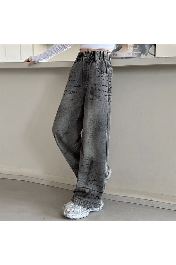 Hip hop Girls Retro Printed Jeans Street Hip-hop Y2K Gothic Straight Leg Loose Wide Leg Pants Girls Wide Leg Jeans Elastic Waist Denim Pants Baggy Jeans for Girls Size 4-15 Years
