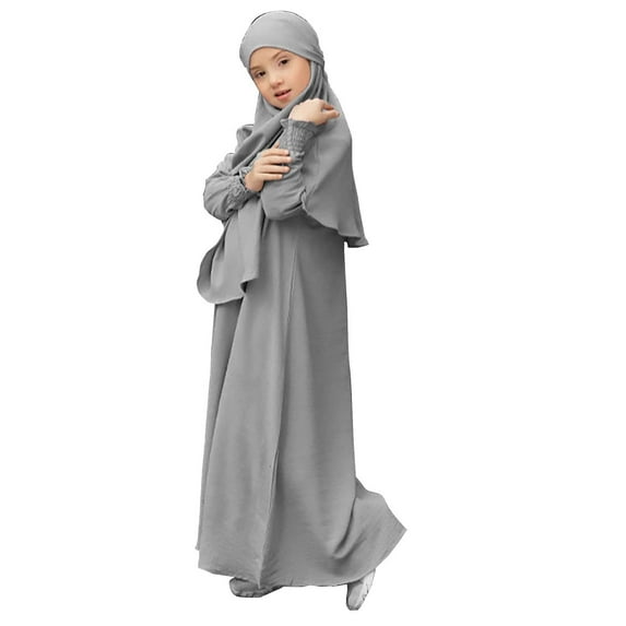 XQYLOS Islamic Prayer Abaya Dress for Girls, Smocked Neck Long Sleeve Kaftan with Adjustable Hijab, Modest Casual Daily Wear for Ramadan/Eid