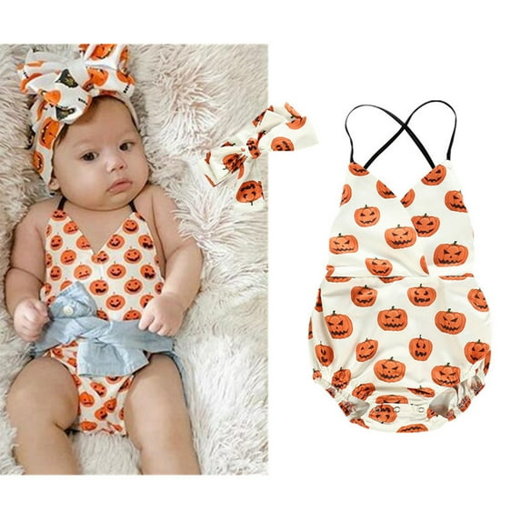 XQYLOS Kids Baby Girls Boys Sleeveless Halloween Pumpkin Printed Romper Jumpsuit Outfit Children Jumpsuit for Holiday P𝖺rty Playtime