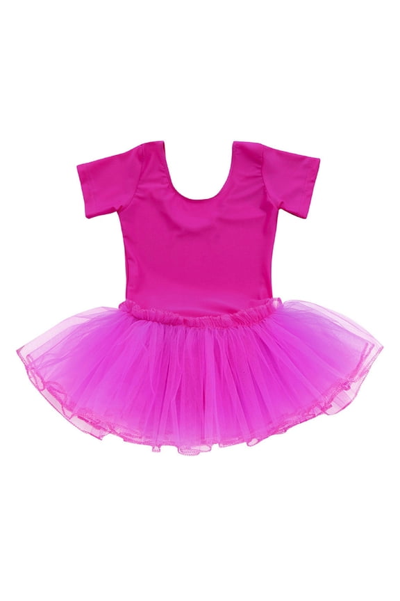 Kids Ballet Practice Skirt Graded Exam Tutu with Leotard Attachments Stretch Mesh Training Skirt for Dance Recitals Age 4-12Y Little Swan Performance Dress Short Sleeve