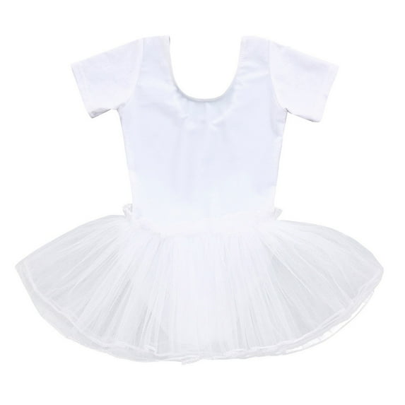 XQYLOS Kids Ballet Practice Skirt Graded Exam Tutu with Leotard Attachments Stretch Mesh Training Skirt for Dance Recitals Age 4-12Y Little Swan Performance Dress Short Sleeve