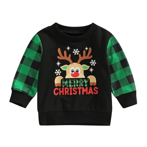 XQYLOS Kids Christmas Plaid Deer Sweatshirt Pullover Long Sleeve Cartoon Print Top for Toddler Boys & Girls Festive Outfit