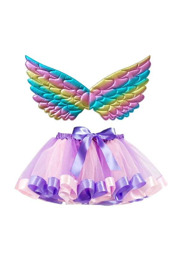 Kids Girls Ballet Skirt Ensemble, Glow-in-the-Dark Fairy Wing Tutu for Dance Performances, Rainbow Tulle Party Outfit with LED Hairpins