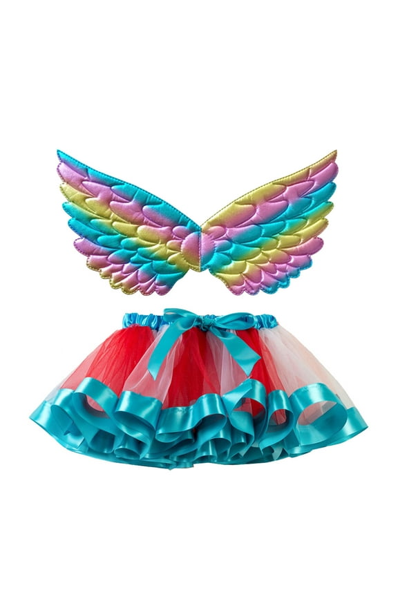 Kids Girls Ballet Skirt Ensemble, Glow-in-the-Dark Fairy Wing Tutu for Dance Performances, Rainbow Tulle Party Outfit with LED Hairpins