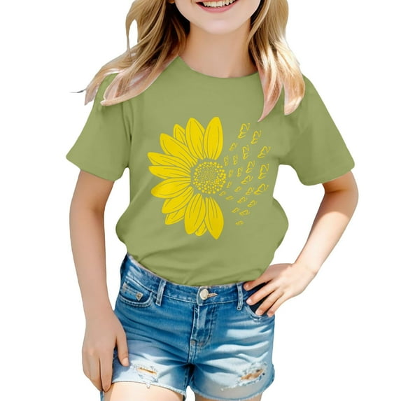 XQYLOS Kids Girls Cotton Short Sleeve Tees Round Neck Flower Graphic Breathable Casual Shirts Comfy Soft Blouse Basic Tops