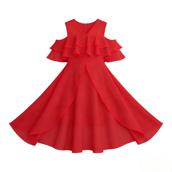 EnJoCho Kids Girls High-Lo𝗐 Chiffon Dress V-Neck Ruffl𝖾 Sleeve Fl𝗈wy Skirt for Birthday Wedding Maxi Gown 5-14 Years Teen Short Sleeve Casual Dress