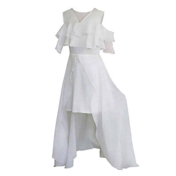 EnJoCho Kids Girls High-Lo𝗐 Chiffon Dress V-Neck Ruffl𝖾 Sleeve Fl𝗈wy Skirt for Birthday Wedding Maxi Gown 5-14 Years Teen Short Sleeve Casual Dress