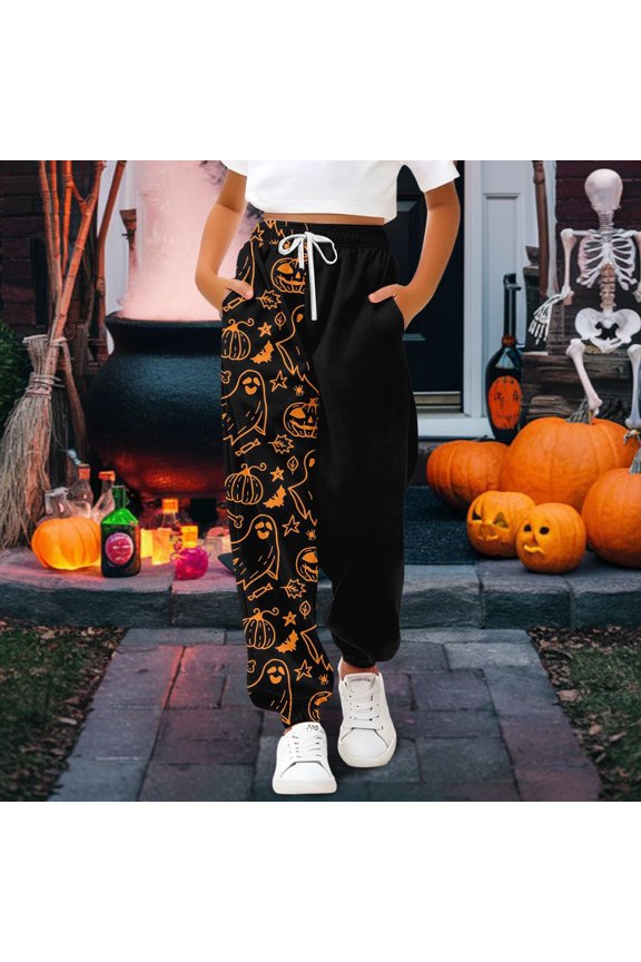Kids Halloween Sweatpants - Ghos𝗍 Print 𝖣rawstring Long Bottom Trousers Baggy High Waisted for Girls 3-14Y