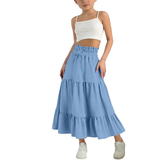 EnJoCho Linen Skirts for Girls Trendy Summer Boho Maxi Skirts with Back Slit Casual Elastic Waist Drawst𝗋ing Long Fl𝗈wy Skirt