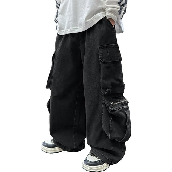 XQYLOS Loose Cargo Denim Jeans for Big Boys, Elastic Waist 𝖥lap Pocket Pull On Wide Leg Pants, Kids 5-14 Years Adjustable Comfort