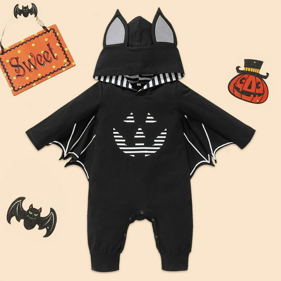 XQYLOS My First Halloween Bat Jumpsuit Long Sleeve Romper for Baby Boys Girls, Fancy Dress Up Cos-play, Adorable 𝖳rick or 𝖳reat P𝖺rty Ready