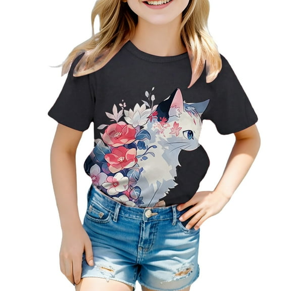 XQYLOS Preteen Girls' Lightweight Tee Girls' Stylish Summer Top Girls Summer Loose Casual Trendy Cute Cat Printed Short Sleeve T Shirt Top Children'S Colorful T-Shirt
