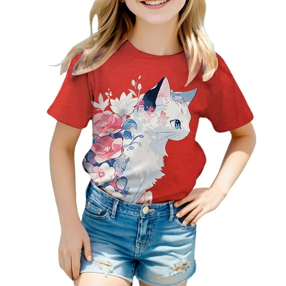 XQYLOS Preteen Girls' Lightweight Tee Girls' Stylish Summer Top Girls Summer Loose Casual Trendy Cute Cat Printed Short Sleeve T Shirt Top Children'S Colorful T-Shirt