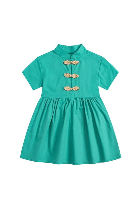 Retro Chinese Collar Toddler Dress with Disc Buckle Detail - Solid Color Cheongsam-Style Baby Girls' Breathable Short Sleeve Dress for Everyday Wear & Special Occasions
