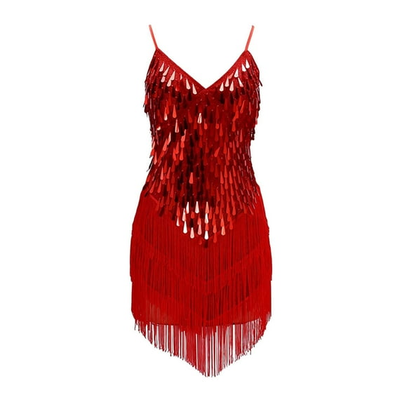 XQYLOS Shiny Sequined Girls Dance Dress Latin Performance Outfit Sleeveless Tassel Skirt Set Competition Dress Sparkly Fringe Stage Wear Stretch Fabric