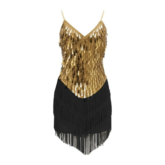 XQYLOS Shiny Sequined Girls Dance Dress Latin Performance Outfit Sleeveless Tassel Skirt Set Competition Dress Sparkly Fringe Stage Wear Stretch Fabric