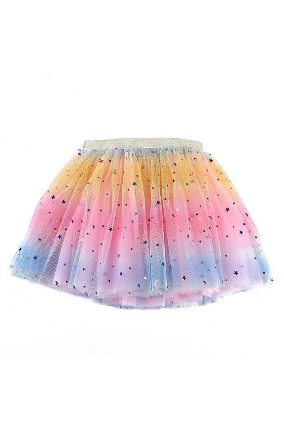 Starry Night Tutu Skirt - Glow-in-the-Dark Sequins Gauze Skirt with Rainbow Trim, Ballet Recital & Holiday Party Dress