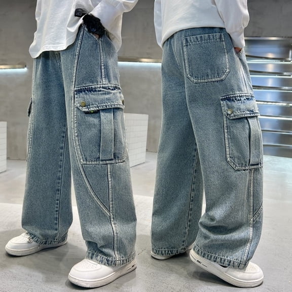 XQYLOS Teen Boys Wide Leg Cargo Jeans Streetwear Straight Elastic Waist Baggy Denim Pants Casual Loose 𝖸𝟤𝗄 Trousers Comfortable 𝖳rendy