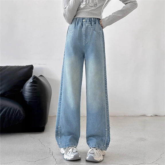 XQYLOS Teen Girls Baggy Jeans Spring Fashion Elastic High Waisted Loose Straight Wide Leg Denim Pants 𝖸𝟤𝗄 𝖳rendy Casual Trouser