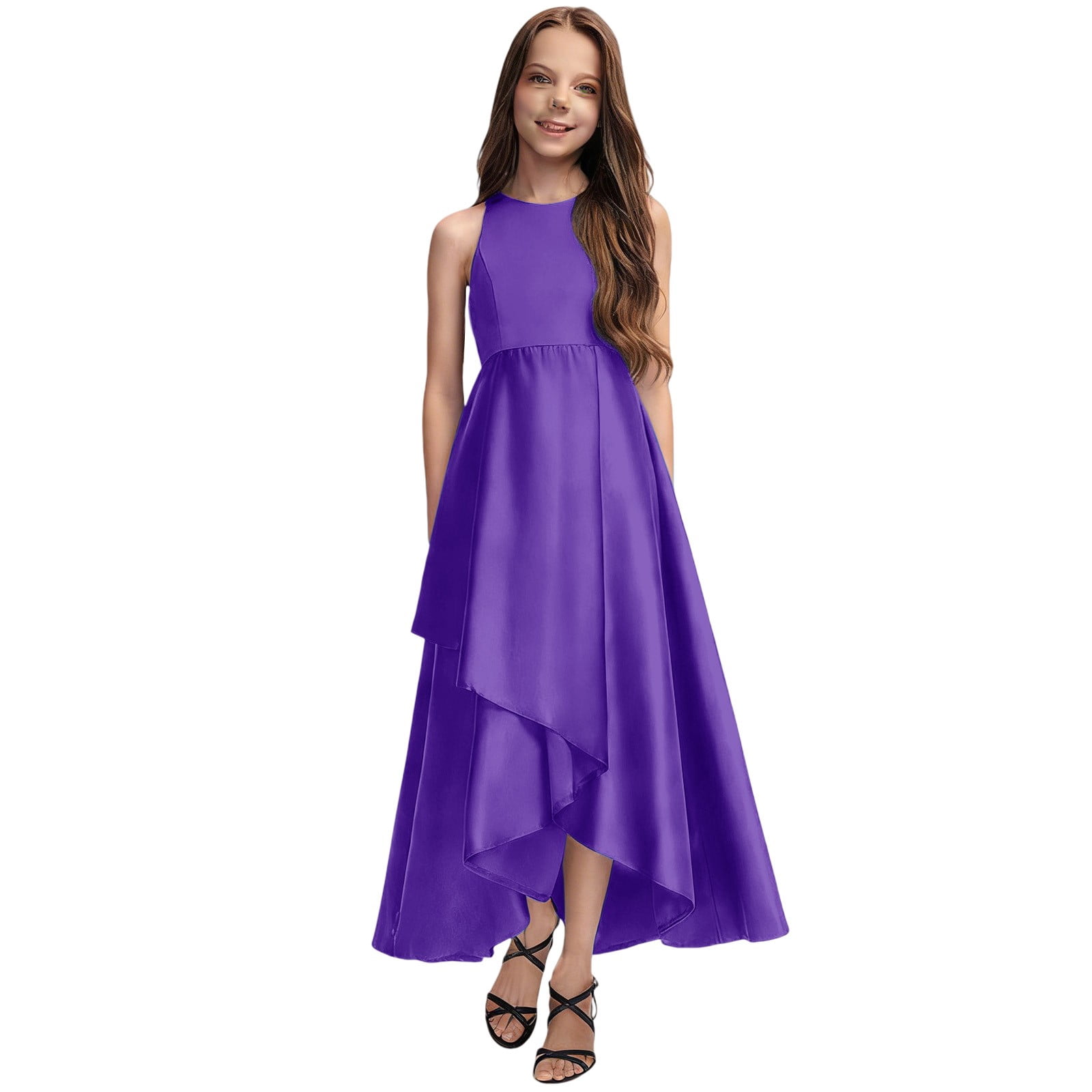 XQYLOS Teen Girls Bridesmaid Dress 𝖥lowy Swing Sleeveless A Line Long ...